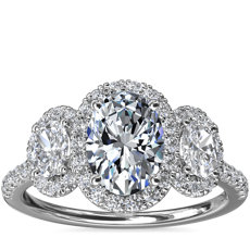 Three-Stone Oval Halo Diamond Engagement Ring in Platinum